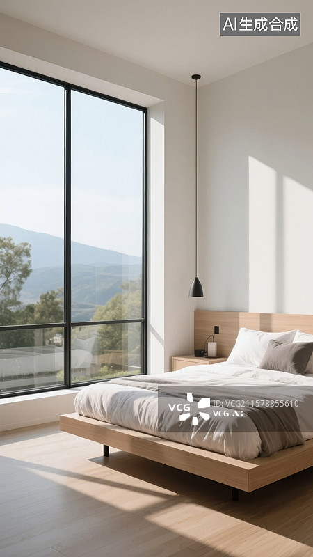 【AI数字艺术】现代简约卧室，落地窗尽览山景图片素材