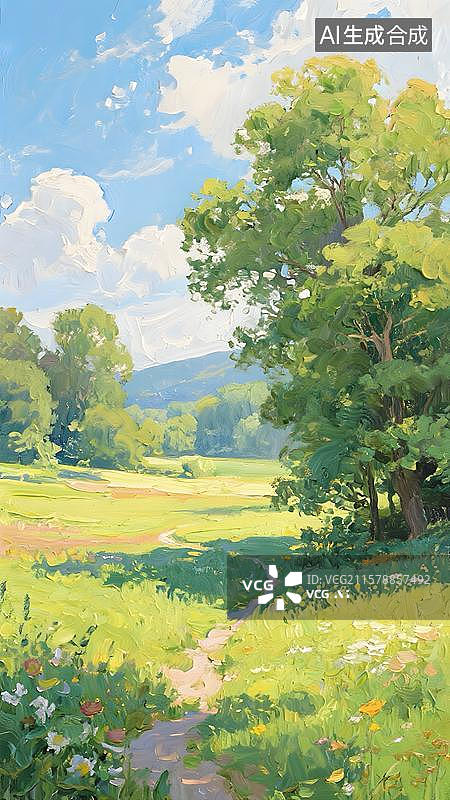 【AI数字艺术】油画风格夏季蓝天白云唯美风景图图片素材