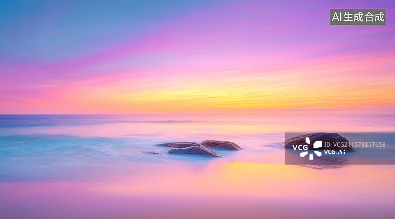 【AI数字艺术】梦幻海滩日落，岩石与柔光图片素材