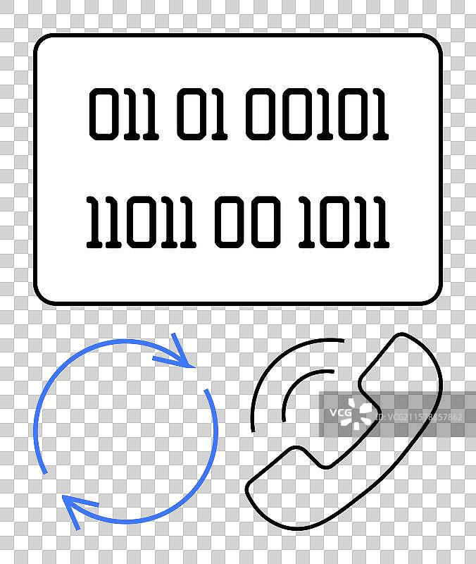 二进制代码、电话接收器和刷新箭头图片素材