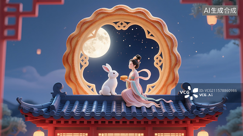 【AI数字艺术】月下女子与兔古建筑屋顶上的梦幻场景图片素材