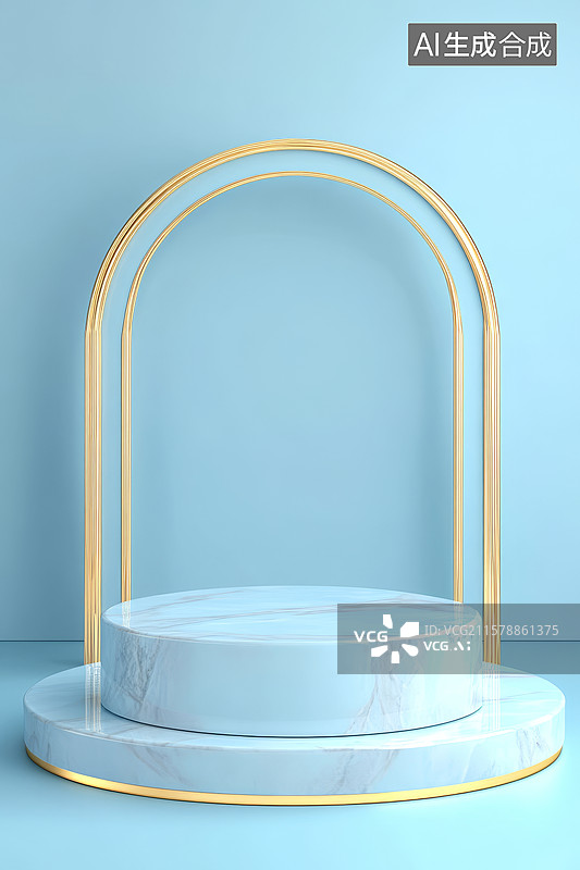 【AI数字艺术】简约蓝色背景下的金色拱门与大理石圆台图片素材