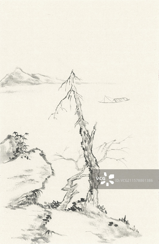 临清代画家山水墨枯树水域河流渔船风景插画图片素材