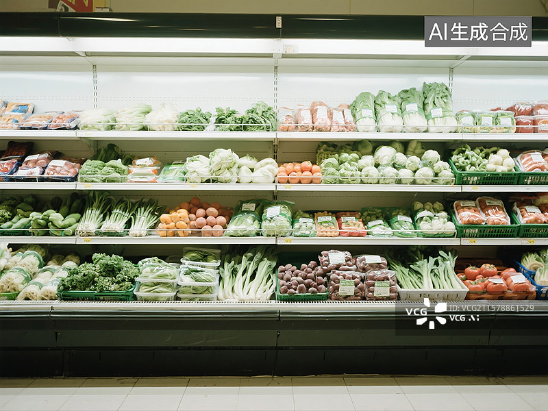 【AI数字艺术】大型超市装满水果蔬菜的货架超市货架图片素材