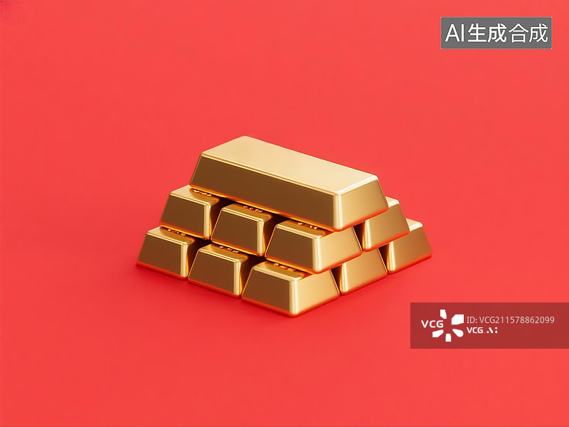 【AI数字艺术】纯红色背景下的黄金金条金块金砖特写图片素材