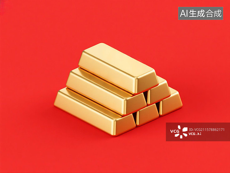 【AI数字艺术】纯红色背景下的黄金金条金块金砖特写图片素材