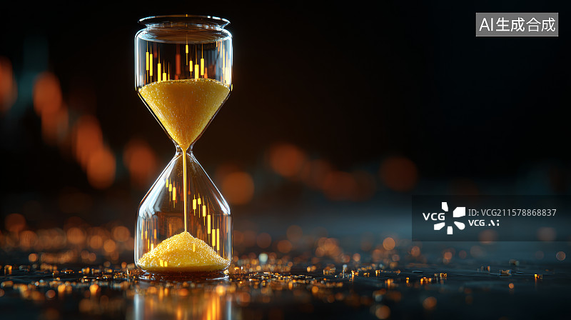 【AI数字艺术】沙粒中闪耀着金光的倒计时沙漏图片素材
