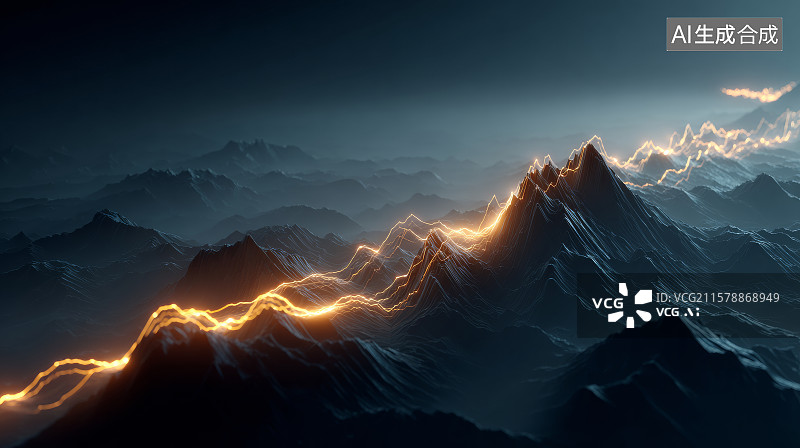 【AI数字艺术】金融图线化作光带穿越群山之间的夜色图片素材