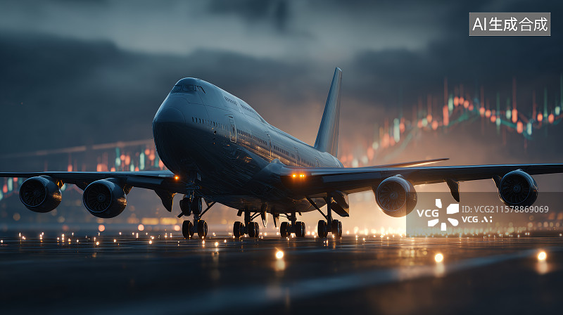 【AI数字艺术】夜间机场中停机飞机与数据图表重叠图片素材