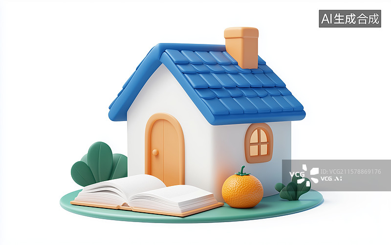 【AI数字艺术】蓝色屋顶小屋与书本南瓜图片素材