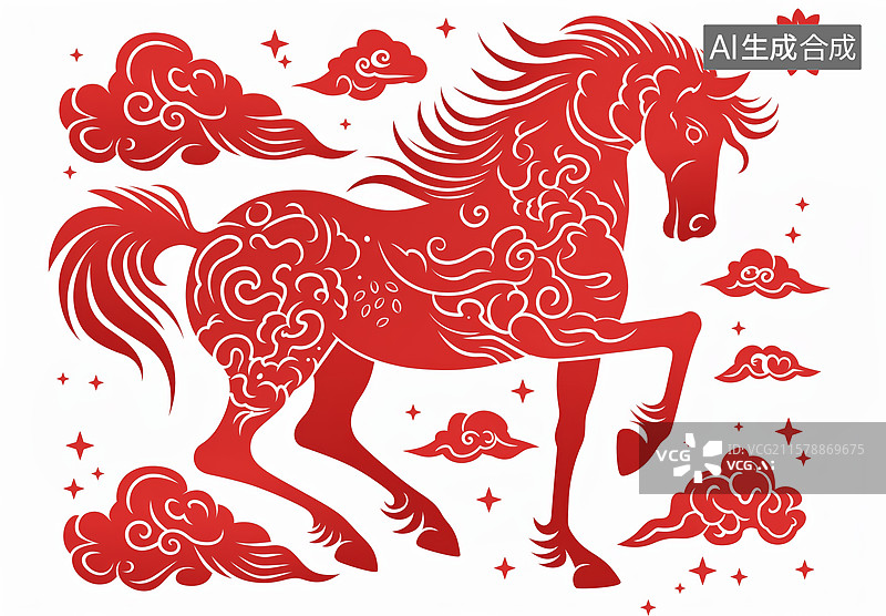 【AI数字艺术】红色剪纸风格的奔马图案图片素材