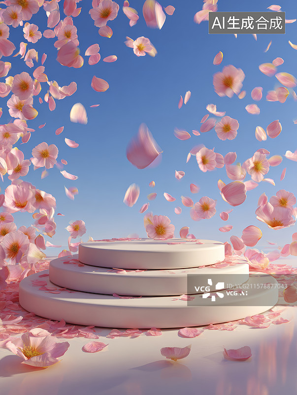 【AI数字艺术】浪漫花瓣飞舞中的粉色展示台场景图片素材