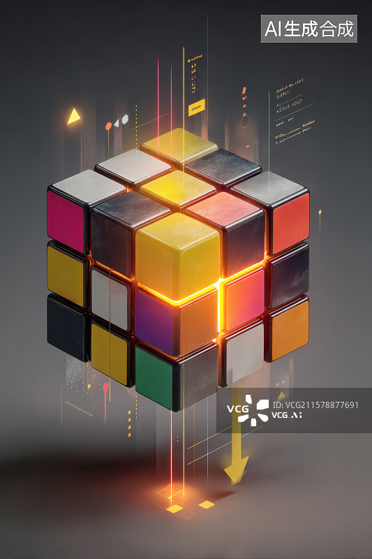 【AI数字艺术】空中漂浮的魔方，科技海报图片素材