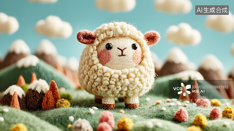 【AI数字艺术】AIGC：3D卡通羊毛风格草地上的小羊图片素材