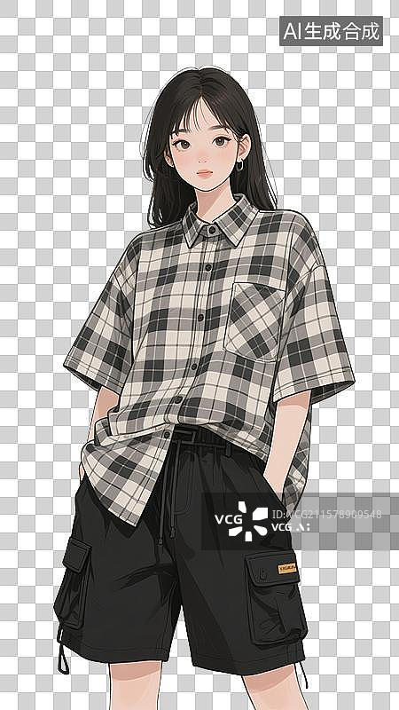 【AI数字艺术】手绘漫画，卡通人物，夏天穿格子衬衫的美女，免抠元素图片素材