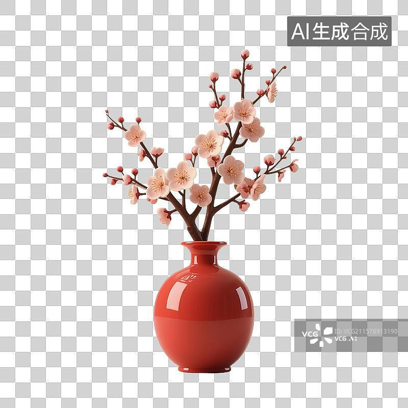 【AI数字艺术】3D渲染，中国风喜庆的红梅，春节大红色梅花，红色梅瓶，花瓶插花，新年，插花免抠素材图片素材