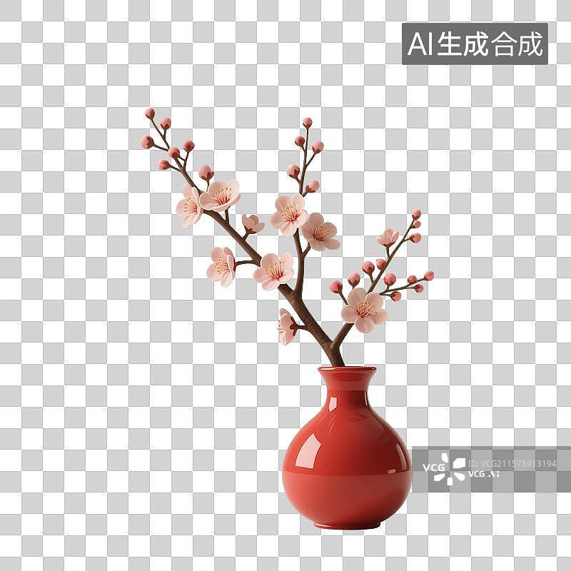 【AI数字艺术】3D渲染，中国风喜庆的红梅，春节大红色梅花，红色梅瓶，花瓶插花，新年，插花免抠素材图片素材