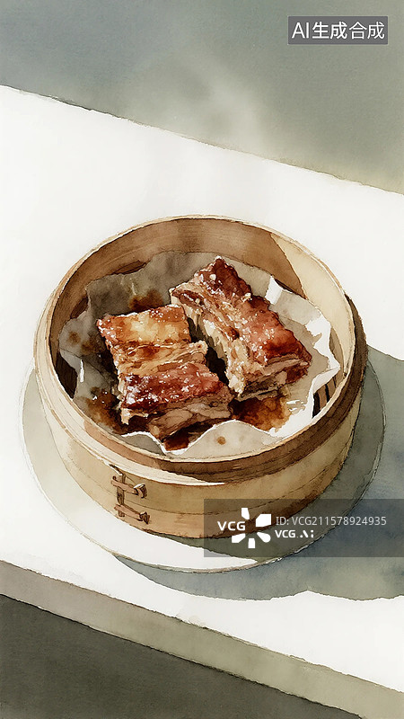 【AI数字艺术】广式点心插画蒸排骨图片素材