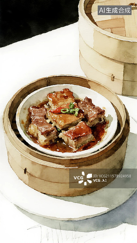 【AI数字艺术】广式点心插画蒸排骨图片素材