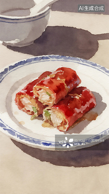 【AI数字艺术】广式点心插画红米肠图片素材
