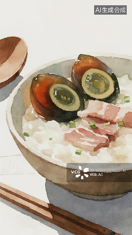 【AI数字艺术】广式点心插画皮蛋瘦肉粥菜干粥图片素材