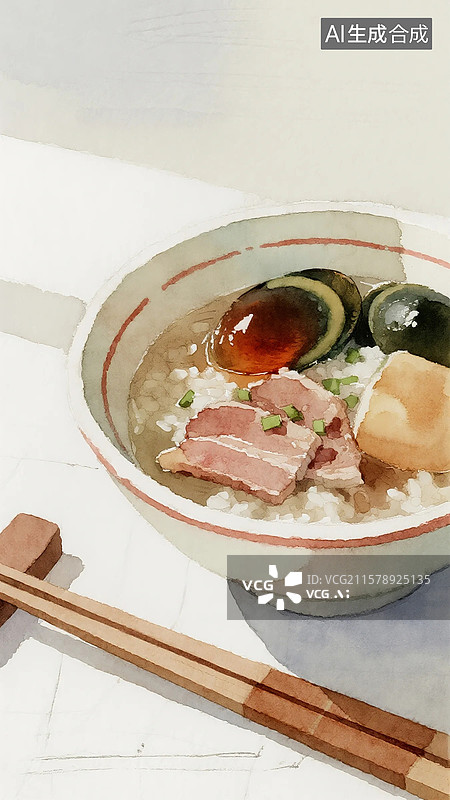 【AI数字艺术】广式点心插画皮蛋瘦肉粥菜干粥图片素材
