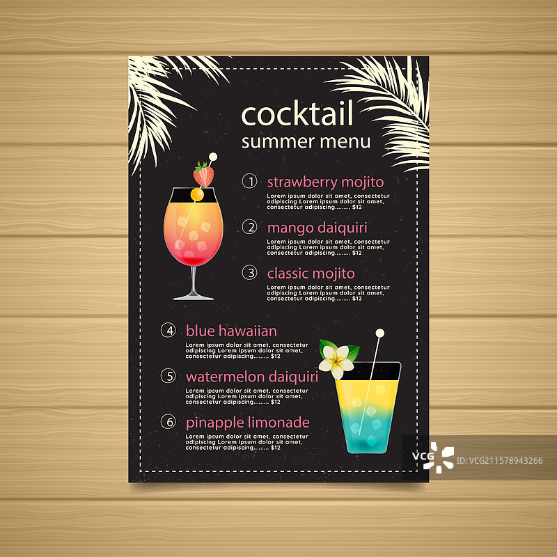 鸡尾酒菜单的平面模板图片素材