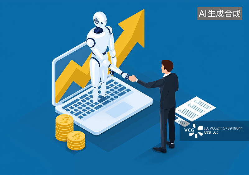 【AI数字艺术】机器人与商人握手，象征科技合作与增长图片素材