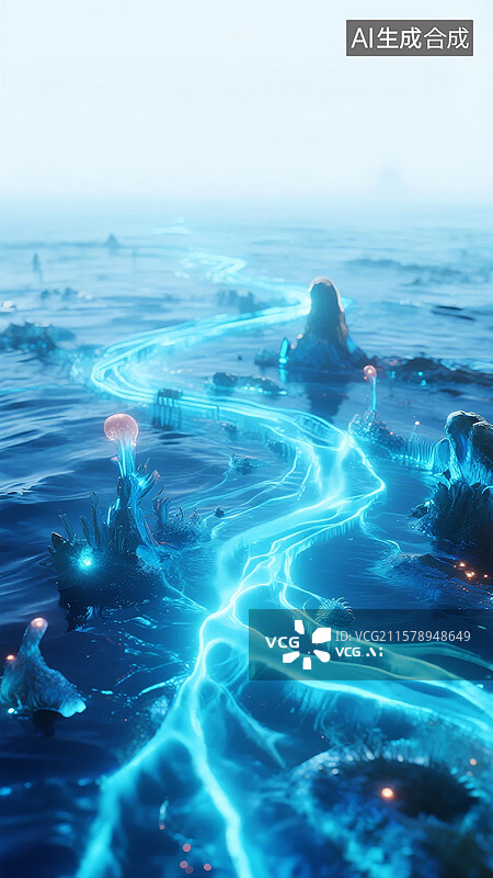 【AI数字艺术】蓝色光芒交织的神秘海洋景象图片素材