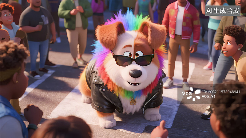 【AI数字艺术】彩虹毛发的狗狗在街头表演图片素材