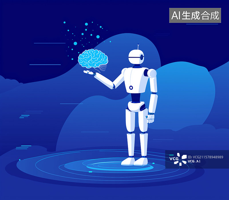 【AI数字艺术】机器人手持大脑模型，展现科技与智能图片素材