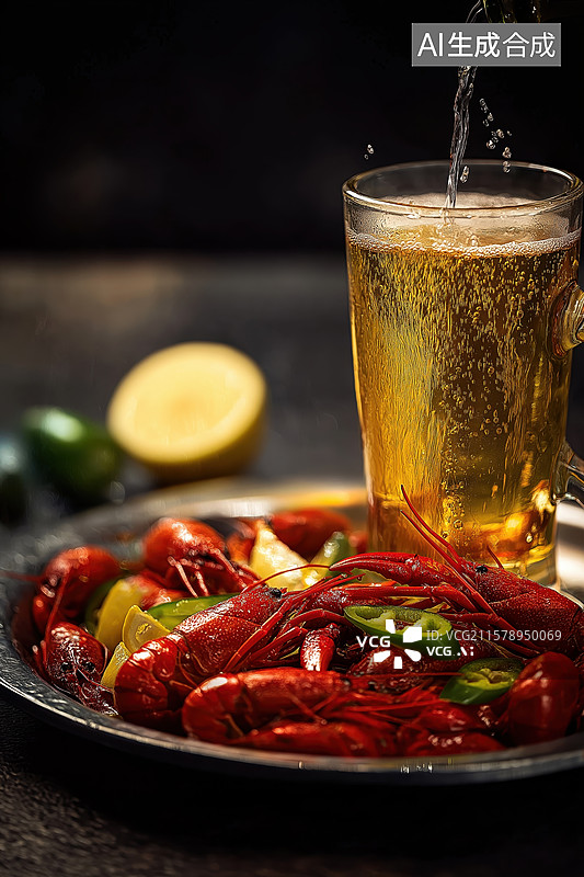 【AI数字艺术】啤酒浇灌下的小龙虾美食图片素材
