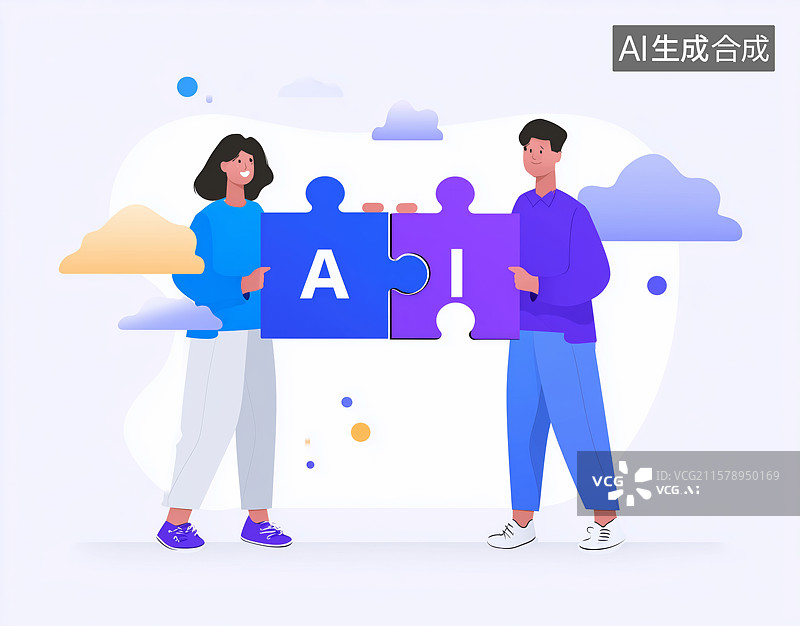 【AI数字艺术】两人协作拼接字母A的拼图图片素材