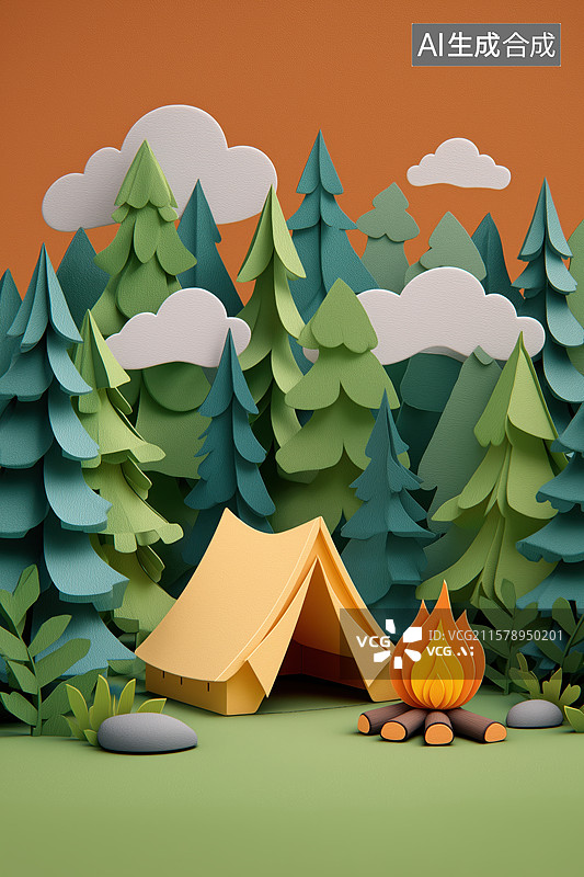 【AI数字艺术】露营帐篷与篝火的森林场景图片素材