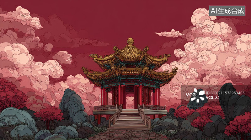 【AI数字艺术】中国风国潮古建筑，传统文化背景，古建筑背景图片素材