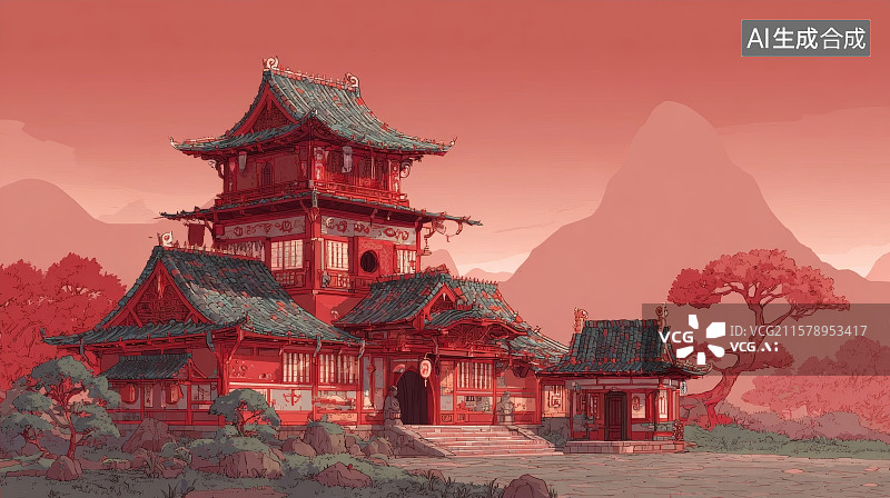 【AI数字艺术】中国风国潮古建筑，传统文化背景，古建筑背景图片素材