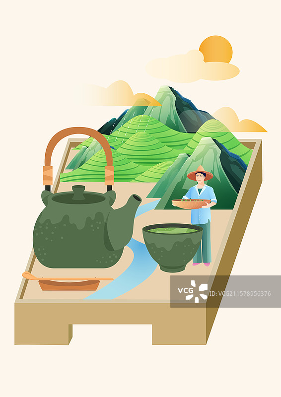 茶具上的采茶人和茶山图片素材