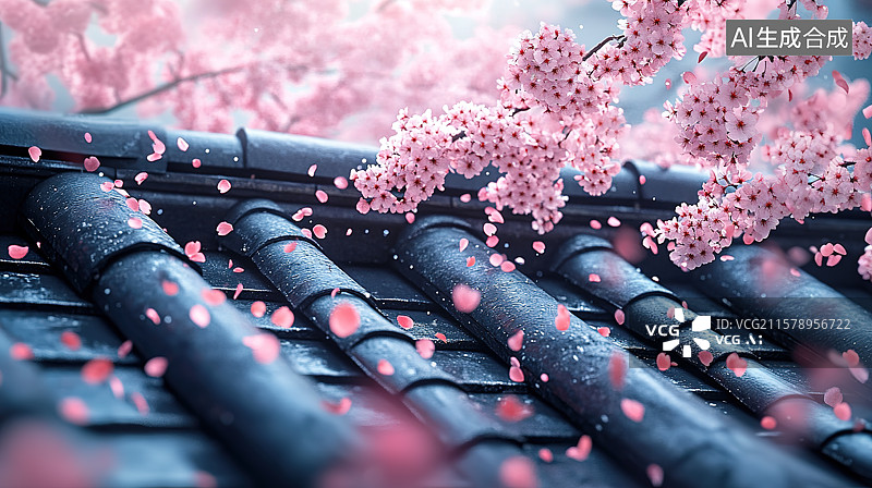 【AI数字艺术】春天落英缤纷粉色的樱花和中国传统古建筑屋檐建筑特写图片素材
