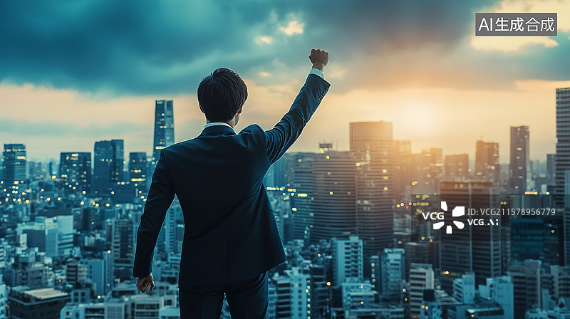 【AI数字艺术】城市高楼背景下年轻的奋斗者举起手臂为自己加油鼓劲图片素材
