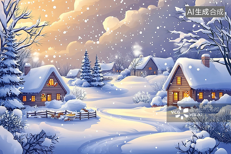 【AI数字艺术】冬天夜晚雪地里的小木屋插画图片素材