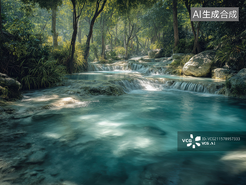 【AI数字艺术】丛林叠瀑幽潭图片素材