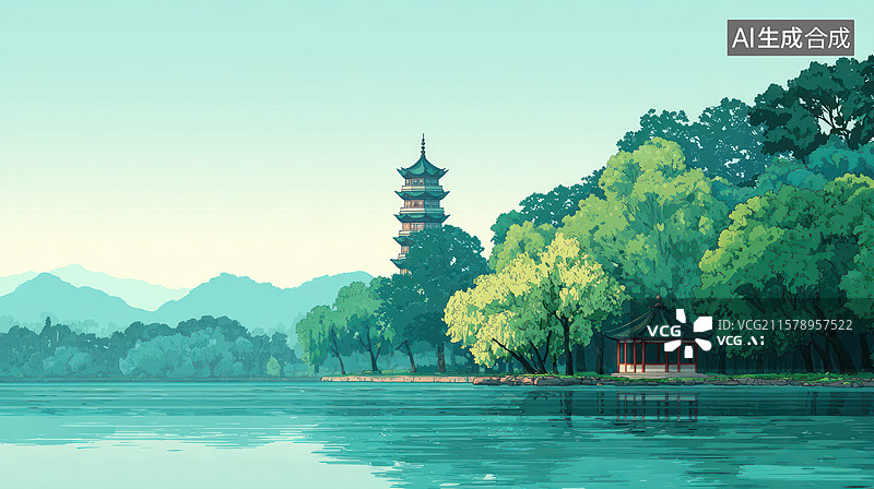 【AI数字艺术】宁静的中国山水湖畔塔图片素材
