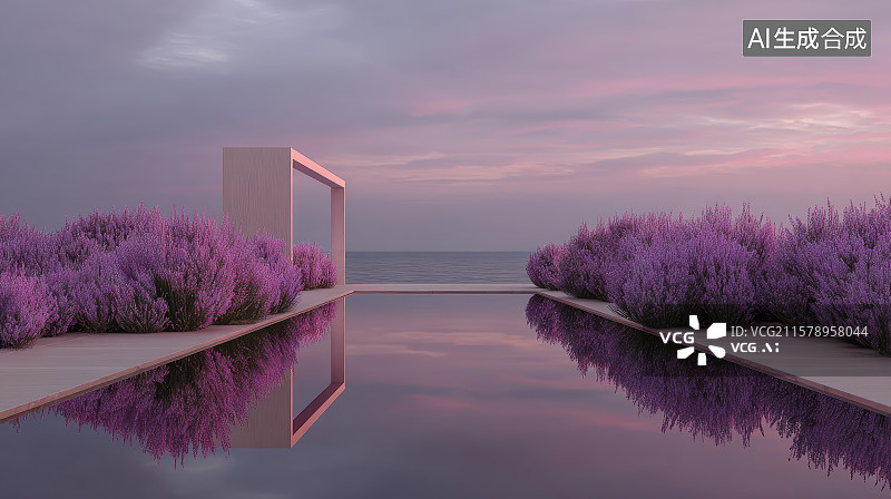 【AI数字艺术】紫调暮海：极简建筑的静美镜像图片素材