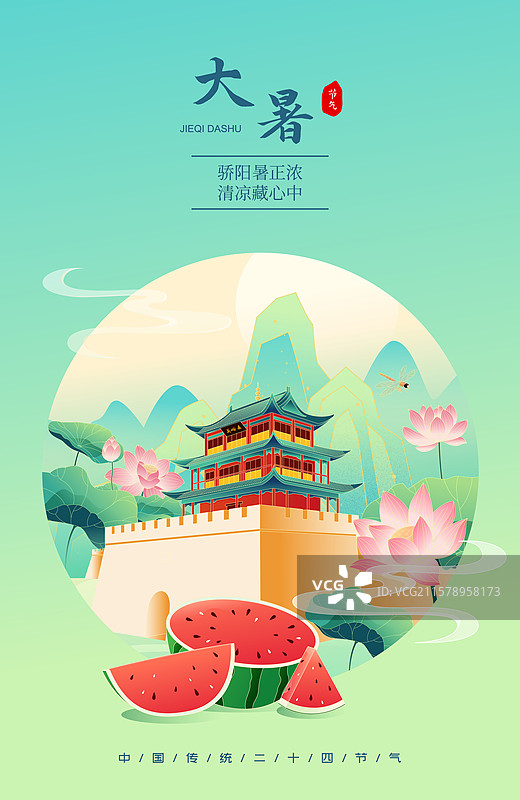 国风节气大暑敦煌城市建筑矢量插画海报图片素材