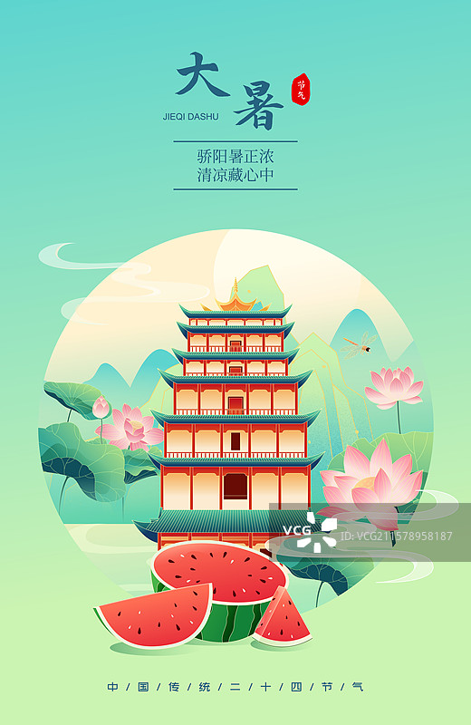 国风节气大暑敦煌城市建筑矢量插画海报图片素材