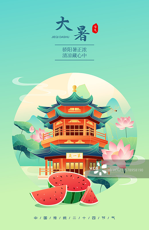 国风节气大暑敦煌城市建筑矢量插画海报图片素材