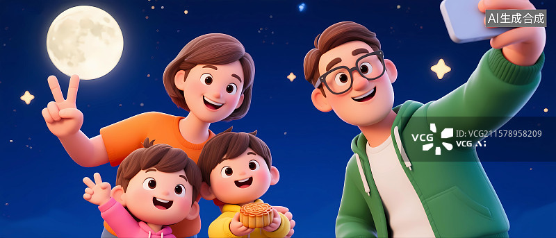 【AI数字艺术】中秋节赏月的一家人3D卡通插画图片素材