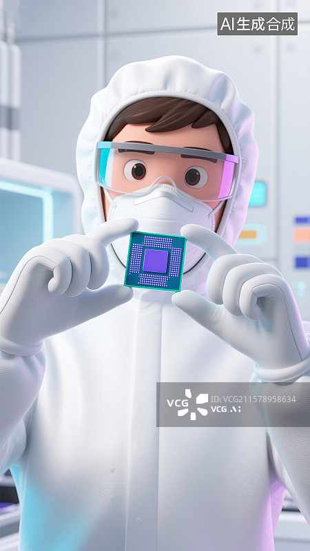 【AI数字艺术】3D白色，防尘服，工程师，观察芯片，科技插画图片素材