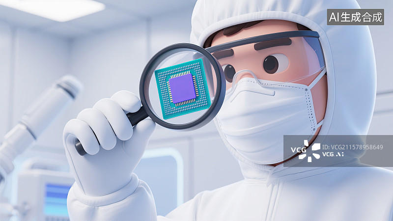 【AI数字艺术】3D白色，防尘服，工程师，观察芯片，科技插画图片素材
