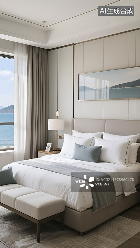 【AI数字艺术】海景房卧室样板间图片素材